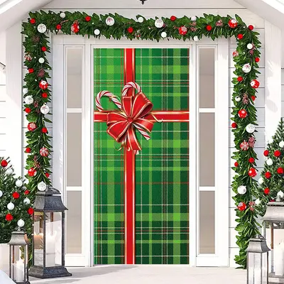 Green Grid Gift Box Bowknot Christmas Door Cover - Aperturee