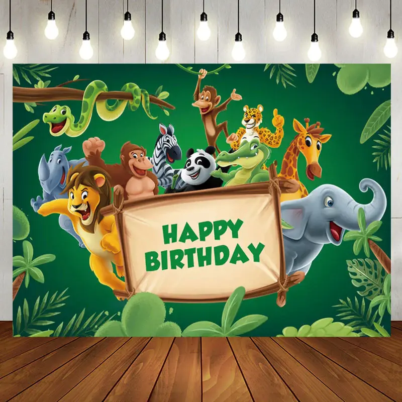 Green Leaves Animals Wood Sign Birthday Backdrop - Aperturee