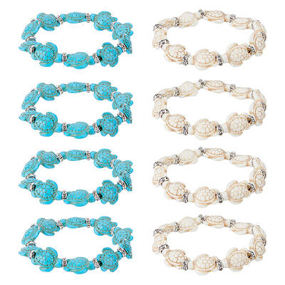 8Pcs 2 Colors Dyed Synthetic Turquoise Tortoise Beaded Stretch Bracelets Set for Women