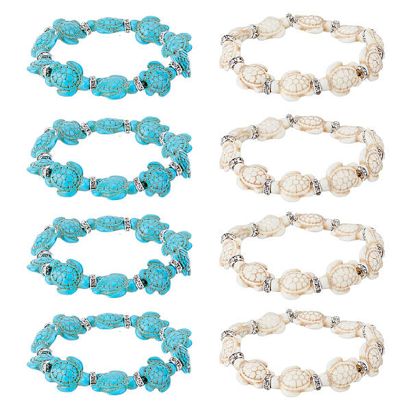 8Pcs 2 Colors Dyed Synthetic Turquoise Tortoise Beaded Stretch Bracelets Set for Women