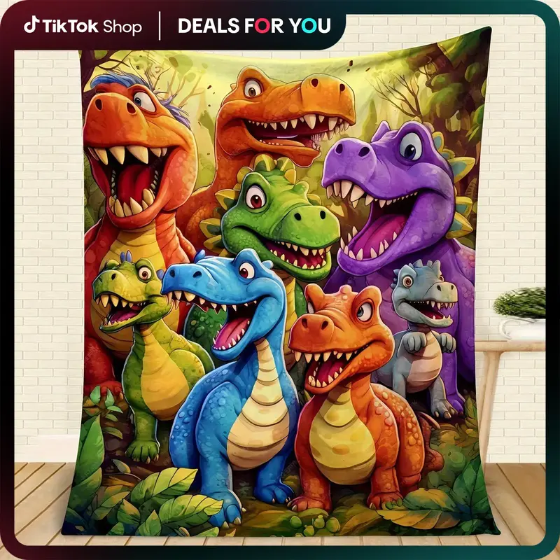 Dinosaur Flannel  Blanket with Playful Smiling Dinosaurs Cartoon Colorful Polyester Throw Cozy Fuzzy Plush Comfy All-Season f...