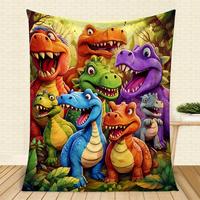 Dinosaur Flannel  Blanket with Playful Smiling Dinosaurs Cartoon Colorful Polyester Throw Cozy Fuzzy Plush Comfy All-Season f...