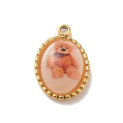 304 Stainless Steel Pave Resin Oval Charms with Bear