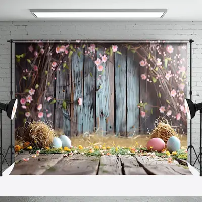 Aperturee Pink Floral Vine Wooden Floor Eggs Easter Backdrop, 3X2FT(1MX0.6M), 14 USD, easter backdrops, NYHD6I05-M