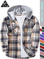 Men's Plaid Print Button Front Drawstring Hooded Shirt, Regular Fit Casual Long Sleeve Pocket Top, Men's Clothes for Daily W...