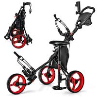 COSTWAY Golf Push Pull Cart with Seat, Lightweight Foldable Collapsible 3 Wheels Golf Push Cart, Golf Trolley with Foot Brake...