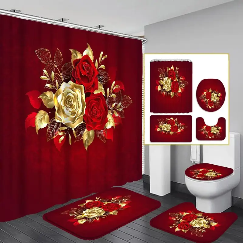 Rose Pattern Shower Curtain, 1/4pcs Bathroom Decorative Curtain with 12pcs Hook & Toilet Mat Set, Water Absorption Non-slip T...