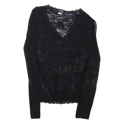 SUGGEST Lace Sheer Womens Top Black Long Sleeve S