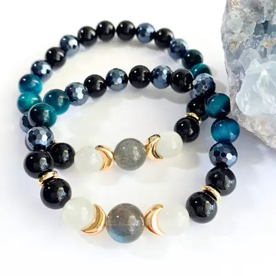 Triple Moon Protection Bracelet – Moonstone, Black Obsidian, Blue Tiger’s Eye, Hematite & Tourmalinated Quartz – Celest...