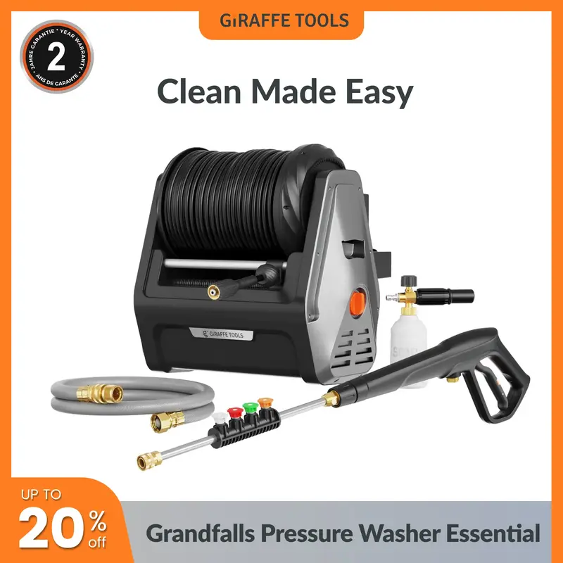 Giraffe Tools Grandfalls Retractable Pressure Washer Essential with 100ft Replaceable Hose 4 Spray Nozzles Easy Cleaning Anyw...