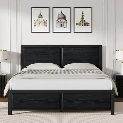 VECELO Wooden Bed Frame Twin Full Queen Size Platform Bed with Vintage Brown Black Wood Headboard Footboard Metal Slat Suppor...