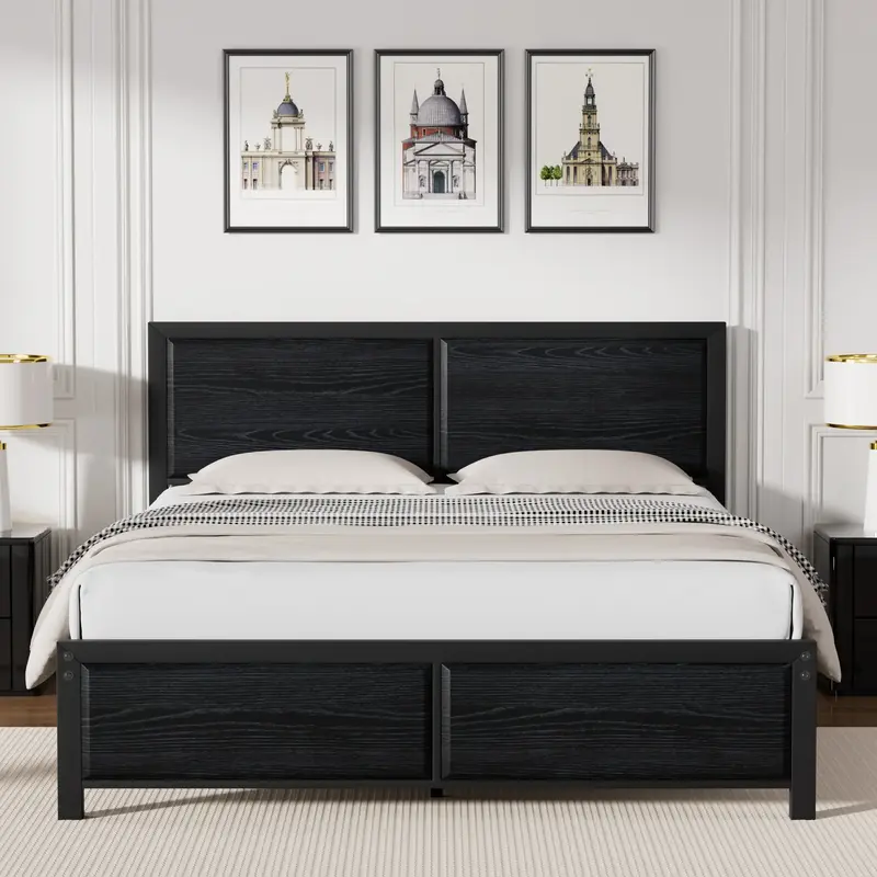 VECELO Wooden Bed Frame Twin Full Queen Size Platform Bed with Vintage Brown Black Wood Headboard Footboard Metal Slat Suppor...