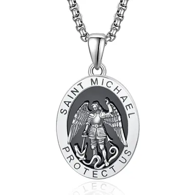 Sterling Silver Saint Michael Coin Pendant Necklace with Engraved Word for Men