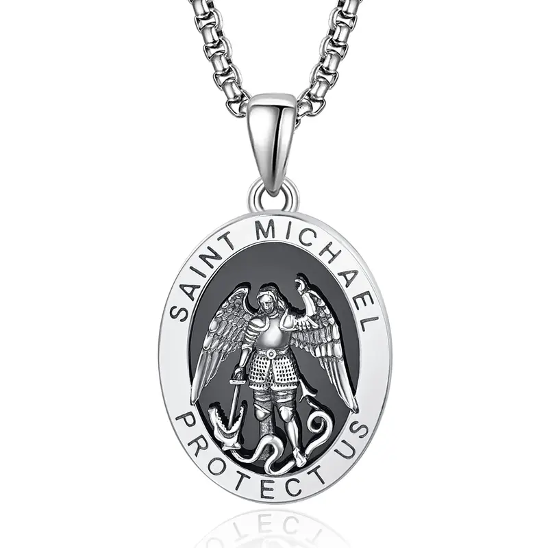 Sterling Silver Saint Michael Coin Pendant Necklace with Engraved Word for Men
