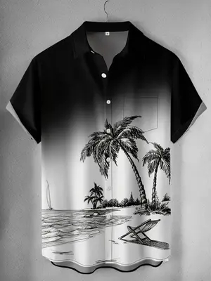 Men's Coconut Tree Print Button Front Shirt, Loose Casual Pocket Short Sleeve Collared Top, Men's Summer Outfits for Beach ...