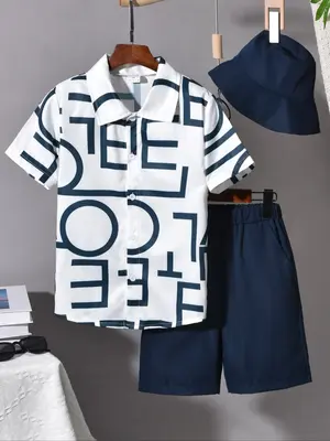 Three-piece Set Boy's Letter Print Short Sleeve Shirt & Hat & Shorts  Set, Casual Summer Outfits Clothes for Kids Outdoor Hol...