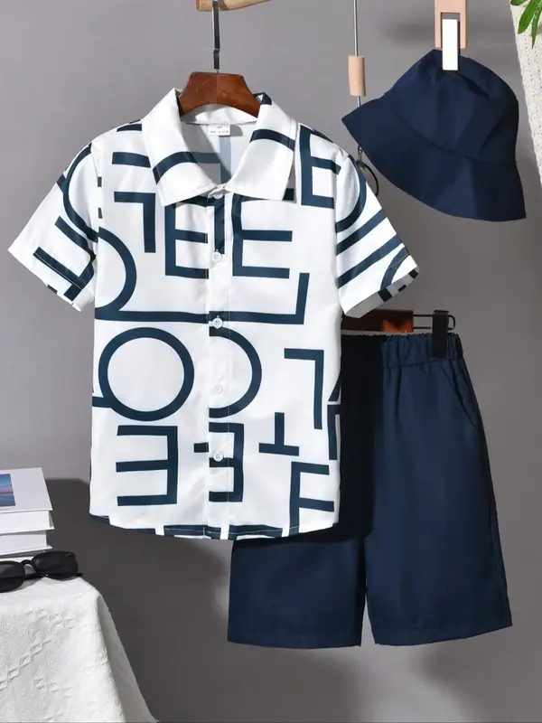 Three-piece Set Boy's Letter Print Short Sleeve Shirt & Hat & Shorts  Set, Casual Summer Outfits Clothes for Kids Outdoor Hol...