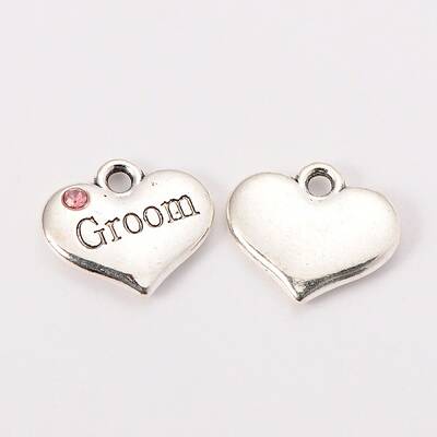Wedding Theme Antique Silver Tone Tibetan Style Alloy Heart with Groom Rhinestone Charms