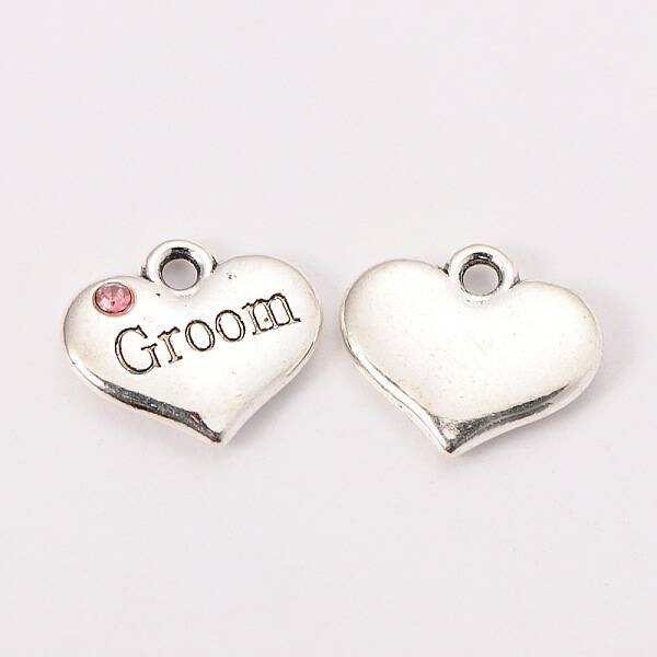 Wedding Theme Antique Silver Tone Tibetan Style Alloy Heart with Groom Rhinestone Charms