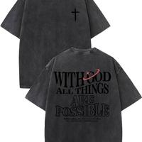 Men's Vintage Wash Cotton T-Shirt Letter Print Cross Design Regular Fit Round Neck Casual For All Seasons Top