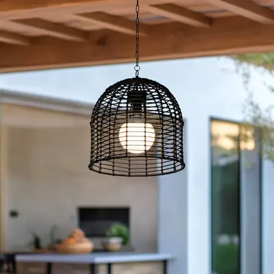 SUNJOY Outdoor Chandelier Wicker Hanging Light Fixture with Remote Control - Black