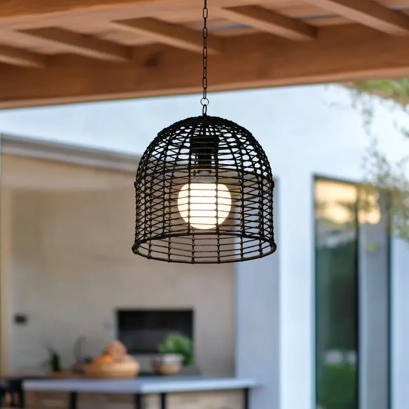 SUNJOY Outdoor Chandelier Wicker Hanging Light Fixture with Remote Control - Black