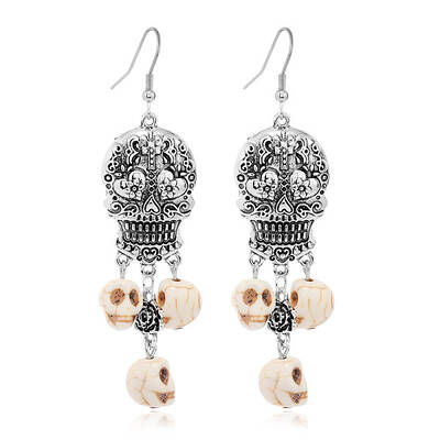 Alloy Skull Long Dangle Earrings with Synthetic Turquoise
