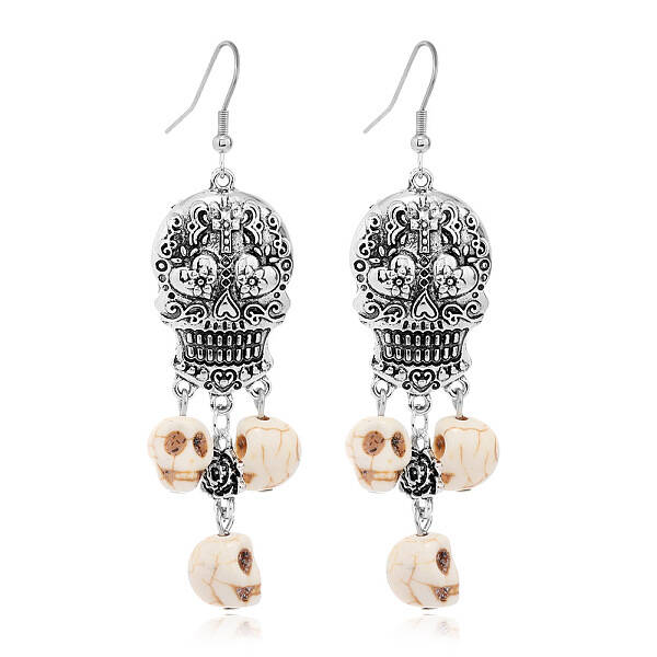 Alloy Skull Long Dangle Earrings with Synthetic Turquoise