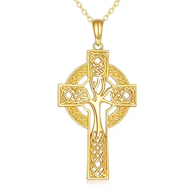 14K Yellow Gold Tree Of Life With Celtic Knot Cross Pendant Necklace For Women