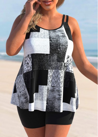 Modlily Plus Size Geometric Print Black Tankini Top - 1X