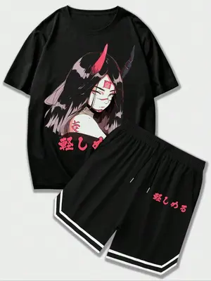 Men's Cartoon Print Drop Shoulder Tee & Drawstring Pocket Shorts Set, Casual Fashion Cozy Short Sleeve T-shirt & Track Shorts...