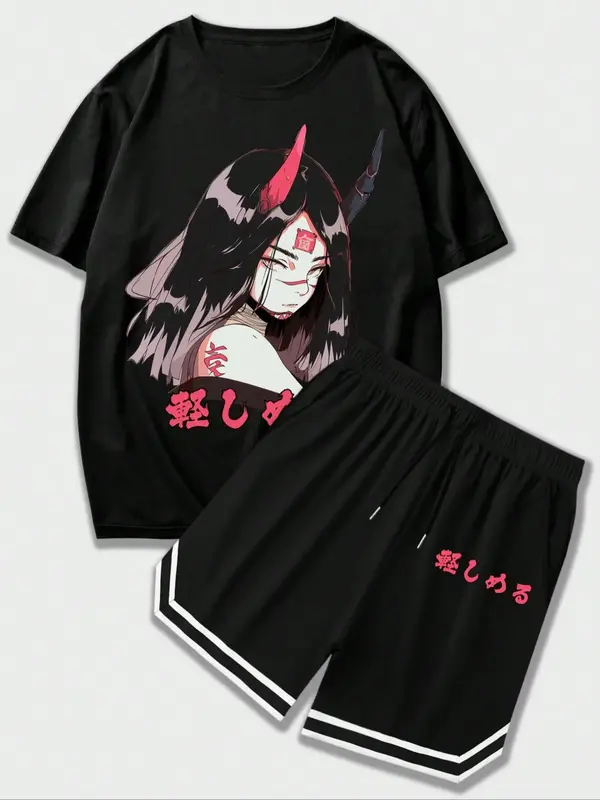 Men's Cartoon Print Drop Shoulder Tee & Drawstring Pocket Shorts Set, Casual Fashion Cozy Short Sleeve T-shirt & Track Shorts...