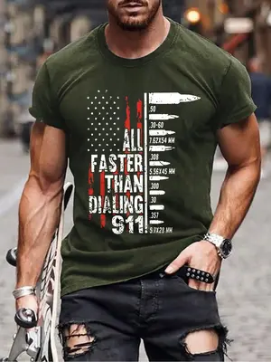 Men's Letter & Flag Print Round Neck Tee, Street Fashion Casual Soft Comfy Crew Neck Short Sleeve T-Shirt for Daily Holiday O...