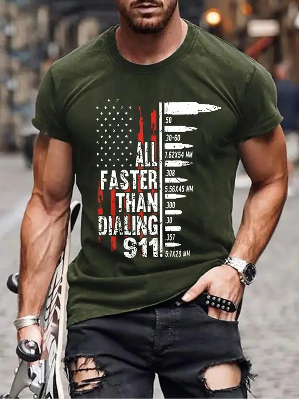 Men's Letter & Flag Print Round Neck Tee, Street Fashion Casual Soft Comfy Crew Neck Short Sleeve T-Shirt for Daily Holiday O...