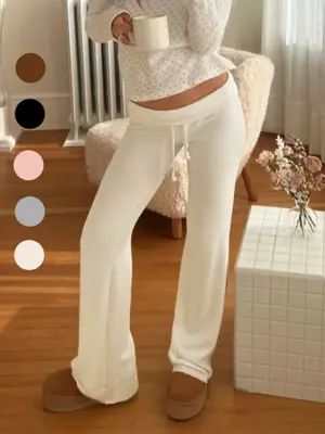 Women's Solid Drawstring Foldover Waist Straight Leg Pants, Pants for Women, Fashion Casual Drop Waist Trousers For Daily Out...