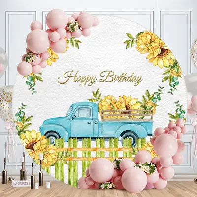 Aperturee Sunflowers And Blue Truck Round Happy Birthday Backdrop