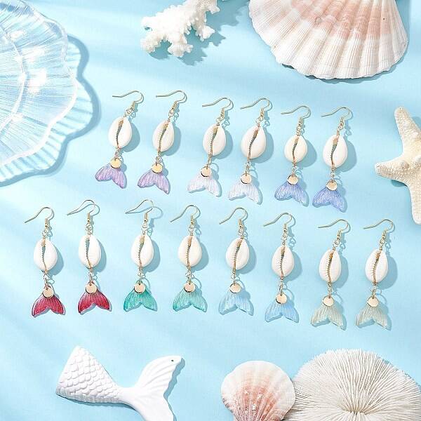 7 Pairs Natural Cowrie Shell Glass Dangle Earrings