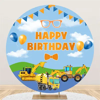 Cloud Flag Balloons Trucks Round Birthday Backdrop - Aperturee