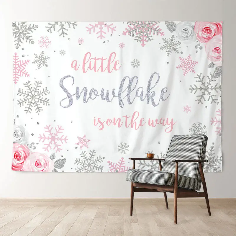 Aperturee Pink Snowflake Floral Baby Shower Winter Backdrop