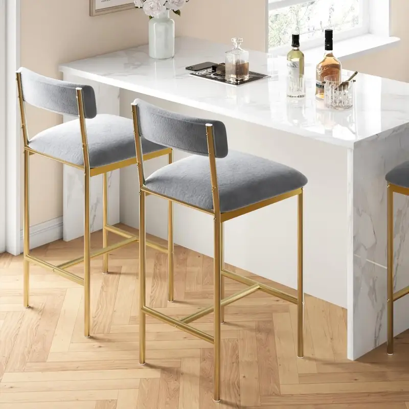 【Garvee】Set of 2 Velvet Bar Stools 25.5, Upholstered Grey and Gold Counter Chairs for Kitchen Island and Dining
