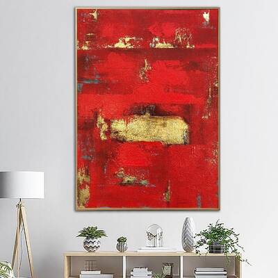 Abstract Red Painting on Canvas Minimalist Wall Art Gold Leaf Artwork Royal Red Wall Art Original Oil Painting | BLOOD RED SU...