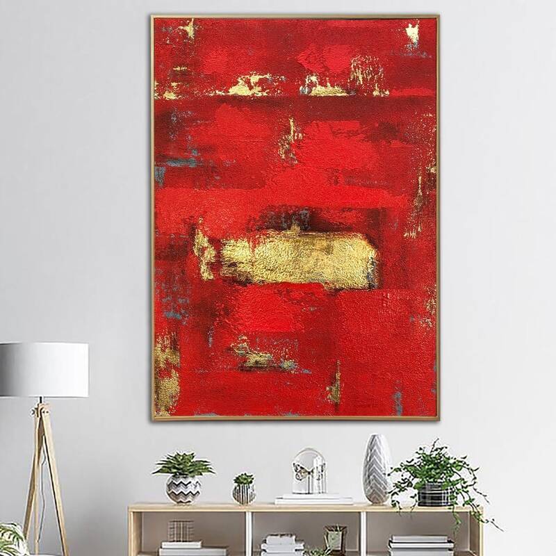 Abstract Red Painting on Canvas Minimalist Wall Art Gold Leaf Artwork Royal Red Wall Art Original Oil Painting | BLOOD RED SU...