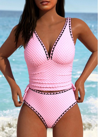 Modlily Contrast Binding Pink V-Neck Tankini Set - XXL