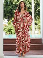 Women's All Over Print Batwing Sleeve Split Side Kaftan Dress, Boho V Neck Long Sleeve  Printed Dress  for Spring & Summer, B...