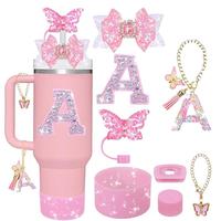 Letter A-z Glitter Water Bottle Accessories Set, Including Tumbler & Chain & Keychain & Hair Tie & Bracelet & Sticker, Drinkw...