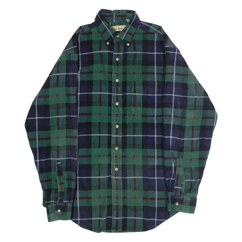 LL BEAN Mens Corduroy Shirt Green 90s Check Long Sleeve S