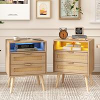 Vabches Rattan Nightstand With Charging Station USB Port Led Lights And 2 Storage Drawers