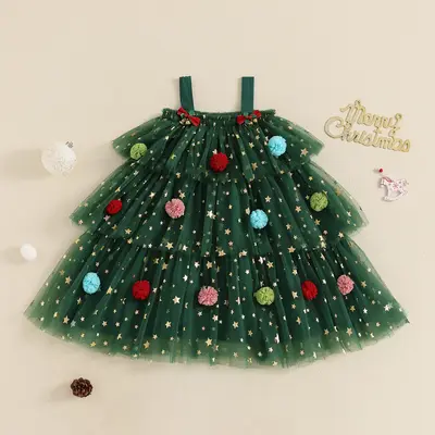 Toddler Baby Girl Tutu Tulle Christmas Dress Star Print Square Neck Sleeveless Layered Tulle Dress Xmas Photoshoot