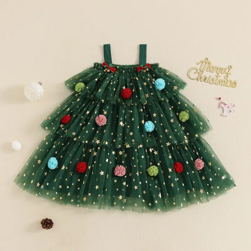 Toddler Baby Girl Tutu Tulle Christmas Dress Star Print Square Neck Sleeveless Layered Tulle Dress Xmas Photoshoot