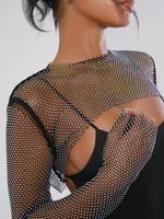 Women's Rhinestones Decor Sheer Crop Tee without Bra, Sexy Fashion Casual Long Sleeve T-shirt for Daily Outdoor Wear, T Shirt...